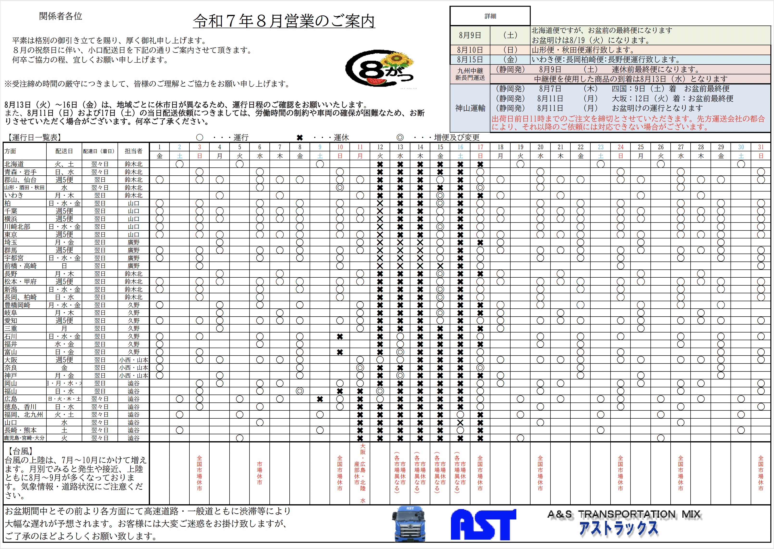 8月の運行表