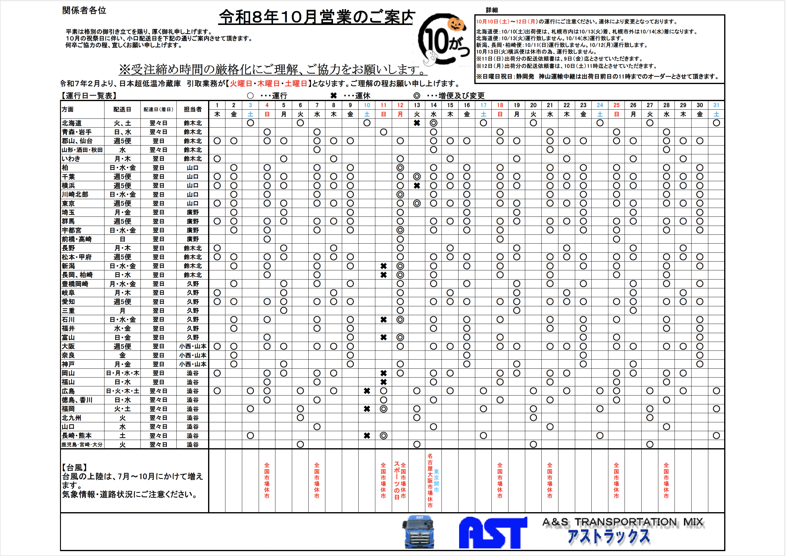 10月の運行表